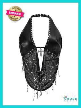 Y2k Rave Sparkly Halter Crop Top PU Leather Backless Party Top
